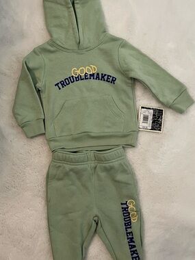 Kids Sage Green Hoodie & Joggers Set - "Good Troublemaker"